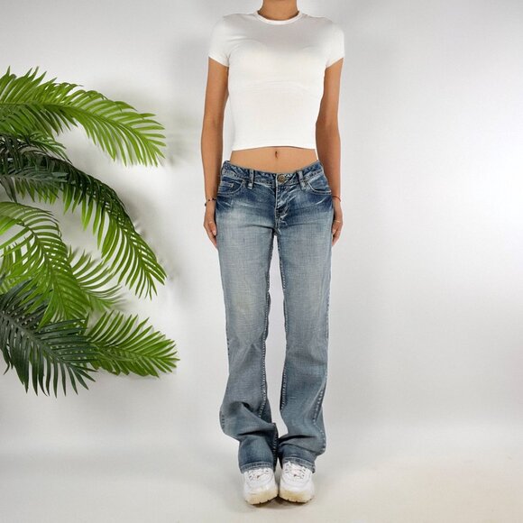 Women's Y2K Mudd Indie Grunge Low Rise Mid Wash Faded Denim Bootcut Jeans / 11 - Picture 4 of 7